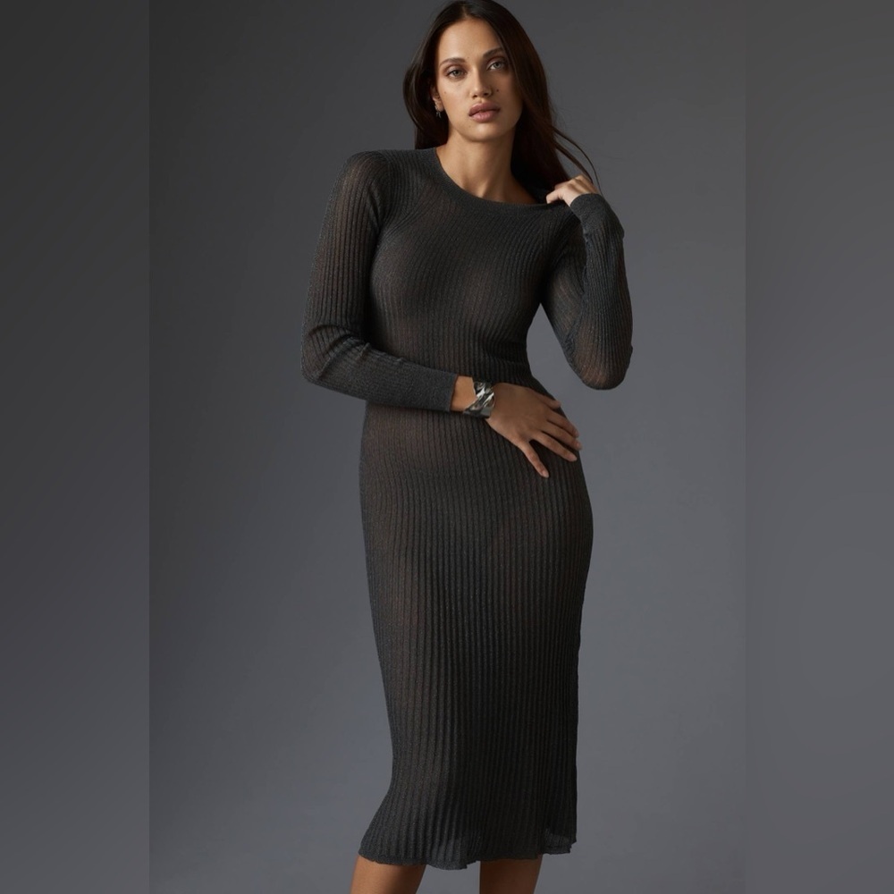 NWT Anthropologie Sheer Long Sleeve Shimmery 90s Y2K Sweater Midi Dress L - Picture 1 of 8